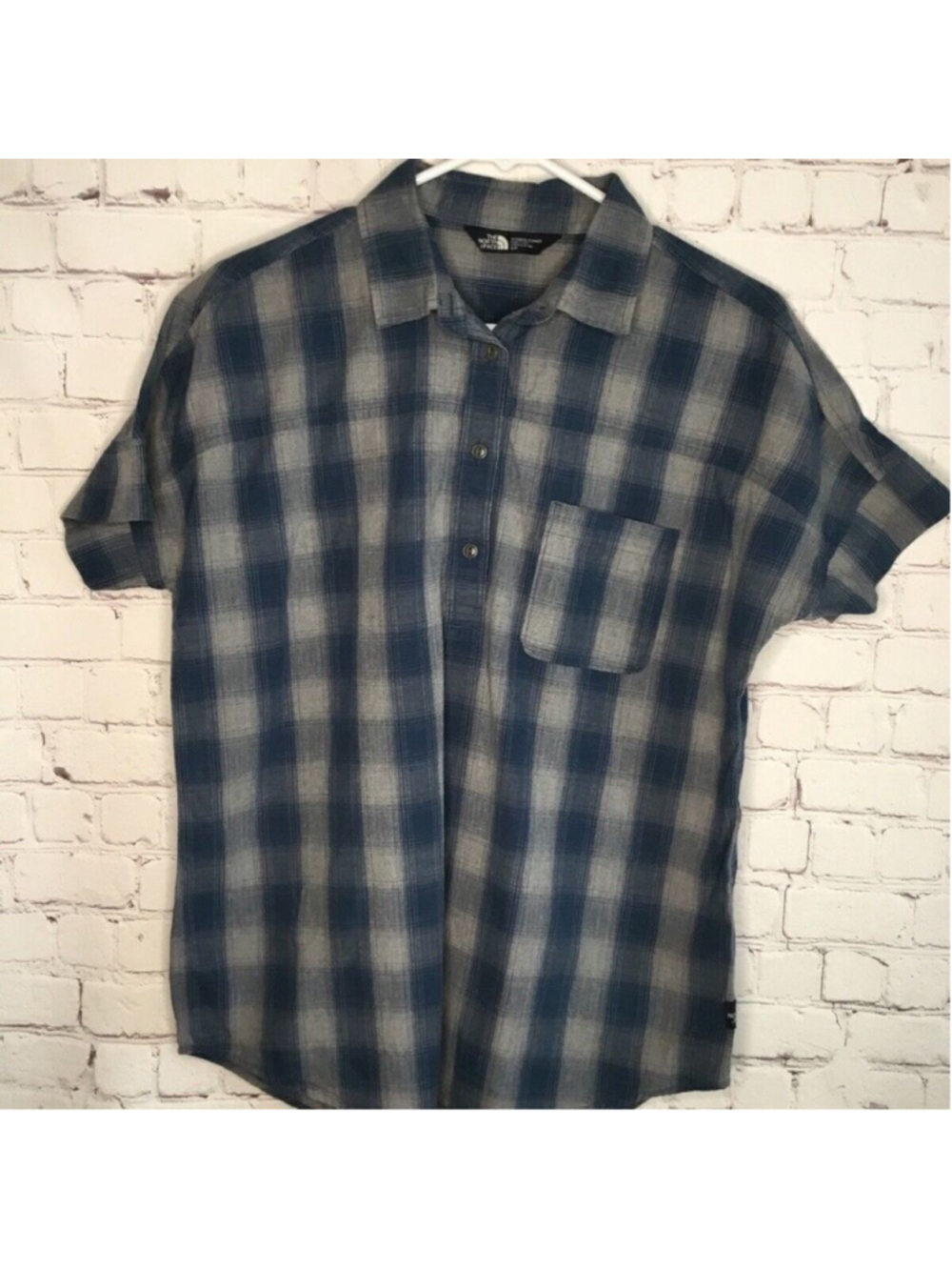 Vintage The North Face Blue Plaid Short Sleeve 1/2 Button Shirt Women SP
